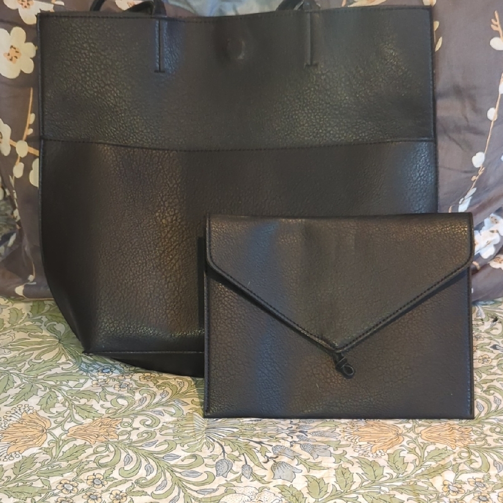 Anthropologie Black Pebbled Leather Tote with Matching Envelope Clutch